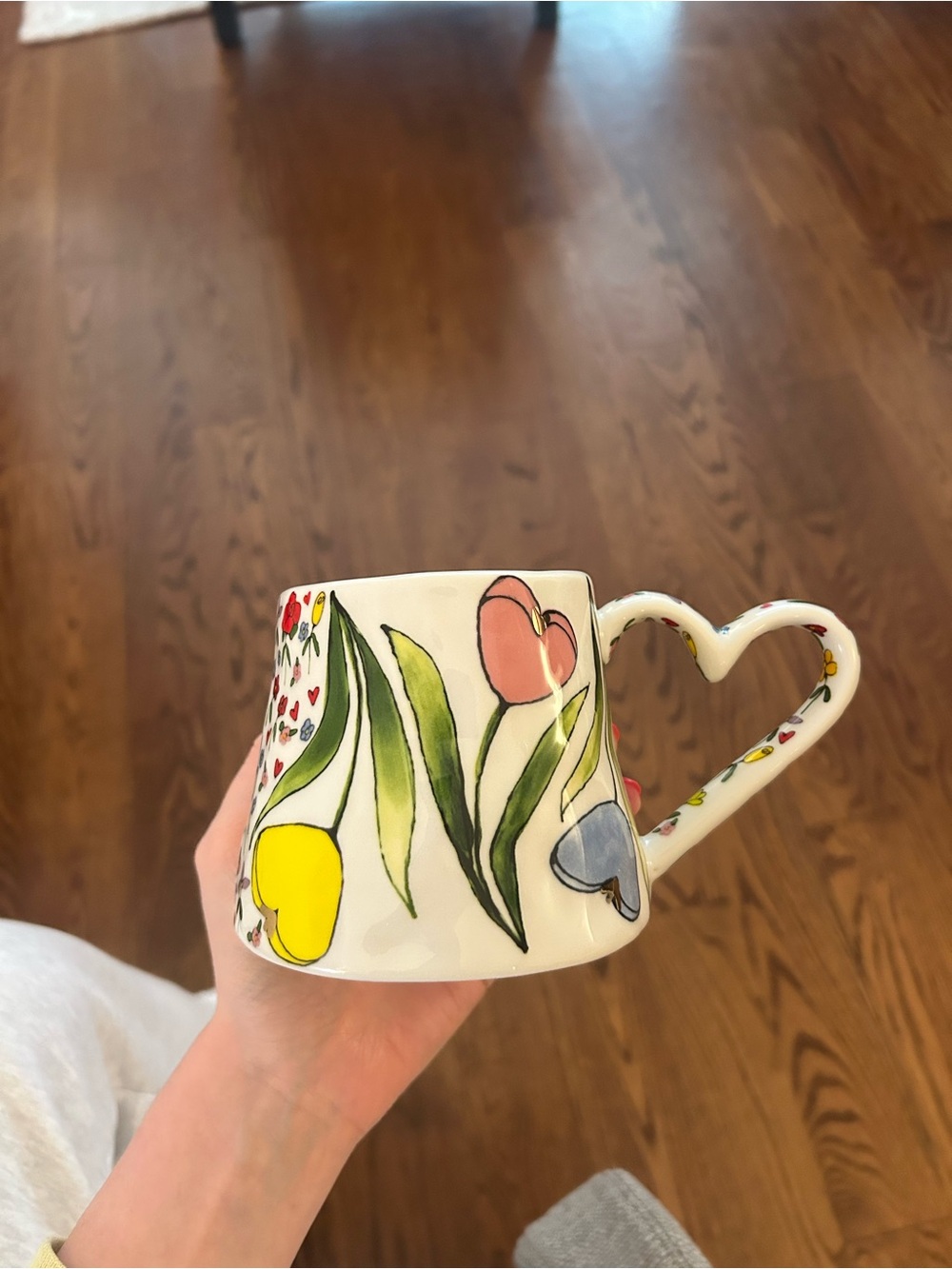 Anthropologie Mud Fairy White Ceramic Mug with Hearts and Flowers